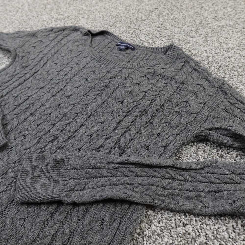 American Eagle Sweater Womens S Gray Wool Aran Cable Knit Fisherman Babydoll Y2K